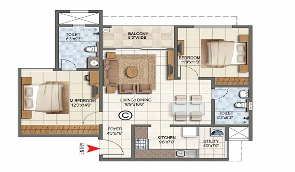 2 BHK, 1,169 - 1,281 sq.ft. floor plan at Prestige Kokapet