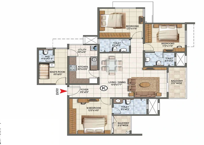 3 BHK, 1,516 - 2,462 sq.ft. floor plan at Prestige Kokapet
